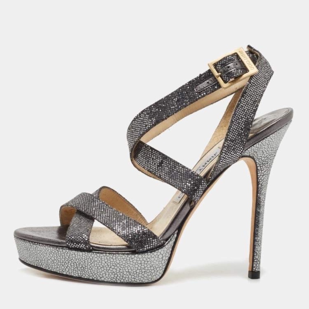 Jimmy Choo Metallic Grey Glitter Vamp Platform Sandals Size 39